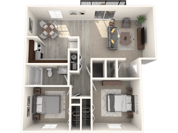 3d rendering of a two bedroom one bath apartment floor plan at Addison on Main