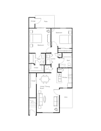 A floor plan of a house with two bedrooms, a living room, a kitchen, a bathroom, a laundry room, a storage area, and two closets.