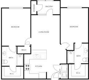 A black and white image of a house floor plan with a balcony, two bedrooms, a living room, a kitchen, a bath, a mech, and a utility space.