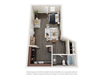 A top down view of a small apartment with a kitchen, living room, and bathroom.