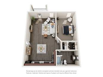 A floor plan of a small apartment with a living room, kitchen, and bedroom.