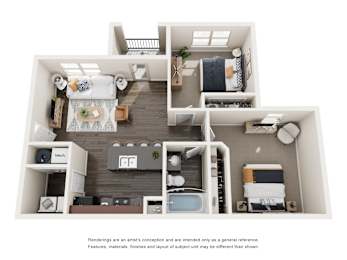 A floor plan of a small apartment with a kitchen, living room, and bedrooms.