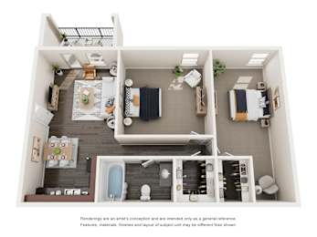 A floor plan of a small apartment with a kitchen, living room, and bedrooms.