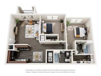 A floor plan of a house with a kitchen, living room, and bathrooms.