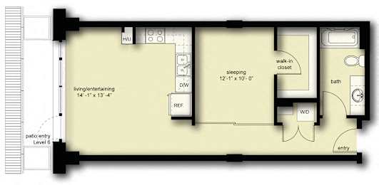 the floor plan of a small apartment with a bedroom and a living room