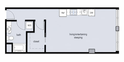 A floor plan of a small apartment with a living/entertaining area and a bedroom.