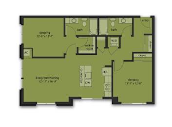 A floor plan of a house with a living/entertaining area, two bedrooms, a bathroom, a laundry room, and a walk-in closet.