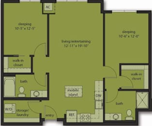 A floor plan of a house with two bedrooms, a living room, a bathroom, a walk-in closet, a laundry area, and a mobile island.
