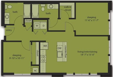 A floor plan of a house with two bedrooms, a living area, and a bathroom.