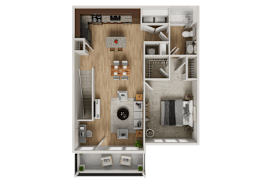 One bedroom apartment 3D floor plan at Woodlands at Abington Station Apartments, Abington