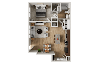One bedroom apartment 3D floor plan at Woodlands at Abington Station Apartments