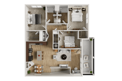 Two bedroom apartment 3D floor plan at Woodlands at Abington Station Apartments