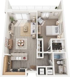 A floor plan of a small apartment with a living room, kitchen, and bathroom.