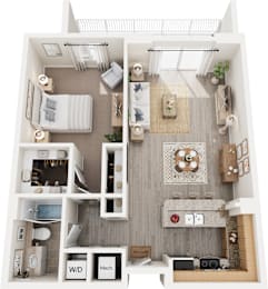 A floor plan of a small apartment with a kitchen, living room, and bathroom.