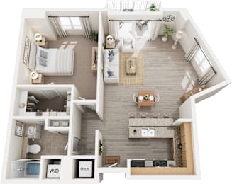 A top down view of a small apartment with a living room, kitchen, and bathroom.
