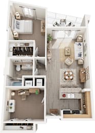 A floor plan of a small apartment with a kitchen, living room, and bedrooms.