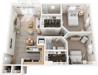 A top-down view of a small apartment with a kitchen, living room, and bedroom.