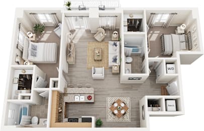 A top-down view of a well-organized apartment with a living room, kitchen, and bathroom.