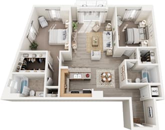 A top-down view of a modern, white-walled, multi-level apartment with a living room, kitchen, dining area, and bedrooms.