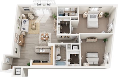 A top-down view of a well-organized apartment with a kitchen, living room, and bedrooms.
