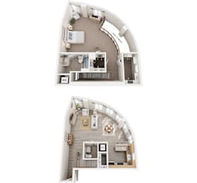 A floor plan of a curved building with two levels.