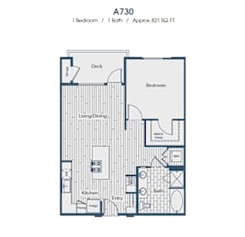 A730 floor plan with one bedroom, one bath, and approximately 821 square feet.