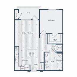 A floor plan of a house with a deck, bedroom, living/dining area, kitchen, bathroom, pantry, and entry.
