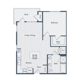 Floor plan of a house featuring a deck, bedroom, combined living and dining area, kitchen with fridge, bathroom, pantry, and entryway.