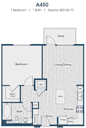 A floor plan of a one bedroom apartment with one bath and an approximate size of 803 square feet.