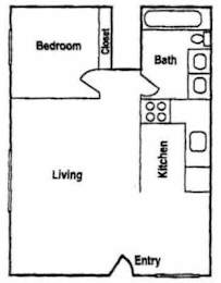 A black and white drawing of a floor plan for a one-bedroom apartment.