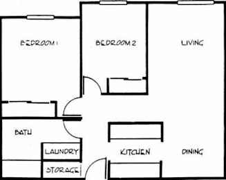 A floor plan of a home with two bedrooms, a living room, a dining room, a kitchen, a bathroom, a laundry room, and storage.