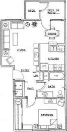 Floorplan of a one-bedroom apartment with a living area, dining area, kitchen, bathroom, and bedroom.