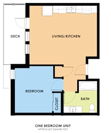 A floor plan of a one bedroom unit with a living/kitchen area, bedroom, bathroom, and closet.