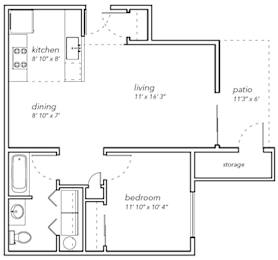 A floor plan of a small apartment with a kitchen, dining area, bedroom, and storage space.