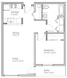 A black and white image of a floor plan for a house with a kitchen, dining area, bedroom, living room, and patio.
