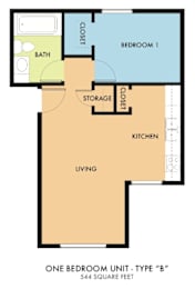 A floor plan of a one bedroom unit with a living area, kitchen, bath, and two closets.