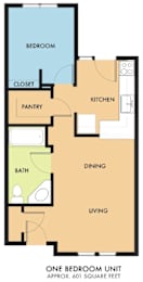 A floor plan of a one bedroom unit that is approximately 601 square feet.