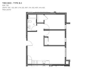 A floor plan of a two bedroom apartment type B.2.