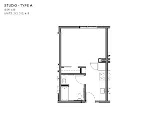 A black and white drawing of a Studio Type A apartment.