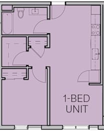 A 1-bedroom apartment layout with a kitchen, living room, and bathroom.