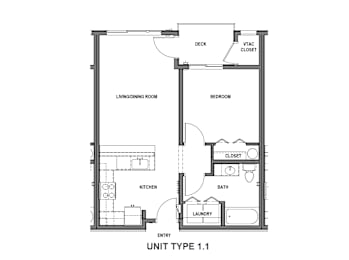 A floor plan of a living space with a kitchen, dining room, bedroom, and laundry.