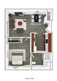 A floor plan of a small apartment with a bedroom, living room, and kitchen.