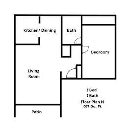 A floor plan of a small apartment with a kitchen, living room, bedroom and bathroom.
