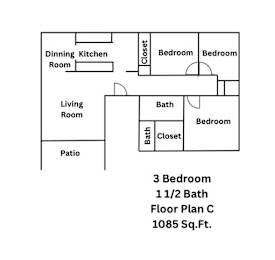 A floor plan of a 3 bedroom apartment with 1 1/2 baths.