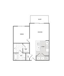A floor plan of a house with a bedroom, living room, kitchen, and bathroom.