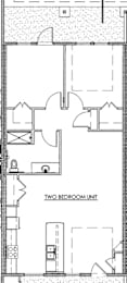 A floor plan of a two bedroom unit with a living room, kitchen, and bathroom.