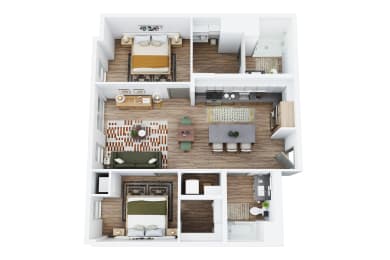 a 2 bedroom floor plan of a house with furniture and a living room