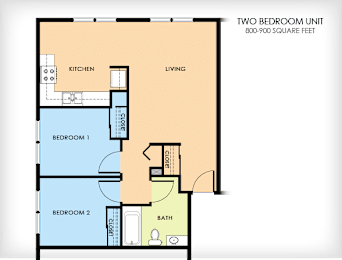 A floor plan of a two bedroom unit with a living room, kitchen, and bathroom.