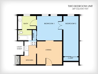 A floor plan of a two bedroom unit with a living area, kitchen, and bath.
