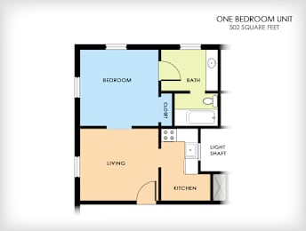 A floor plan of a one bedroom unit with a living area, kitchen, bath, and bedroom.